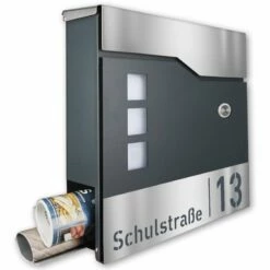 Briefkasten Mit FUNKKLINGEL ANTHRAZIT & Edelstahl Laser Namensblende