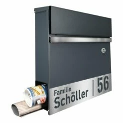 Briefkasten Mit FUNKKLINGEL ANTHRAZIT GRAU & Edelstahl Laser Namensblende